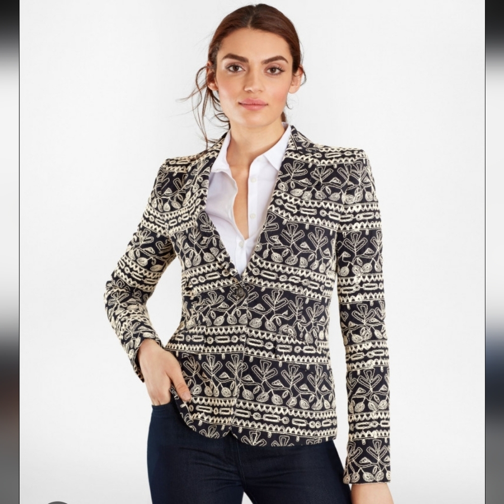 Brooks Brothers Womens Cotton Embroidered Blazer Navy Blue Cream Career Sz. 6